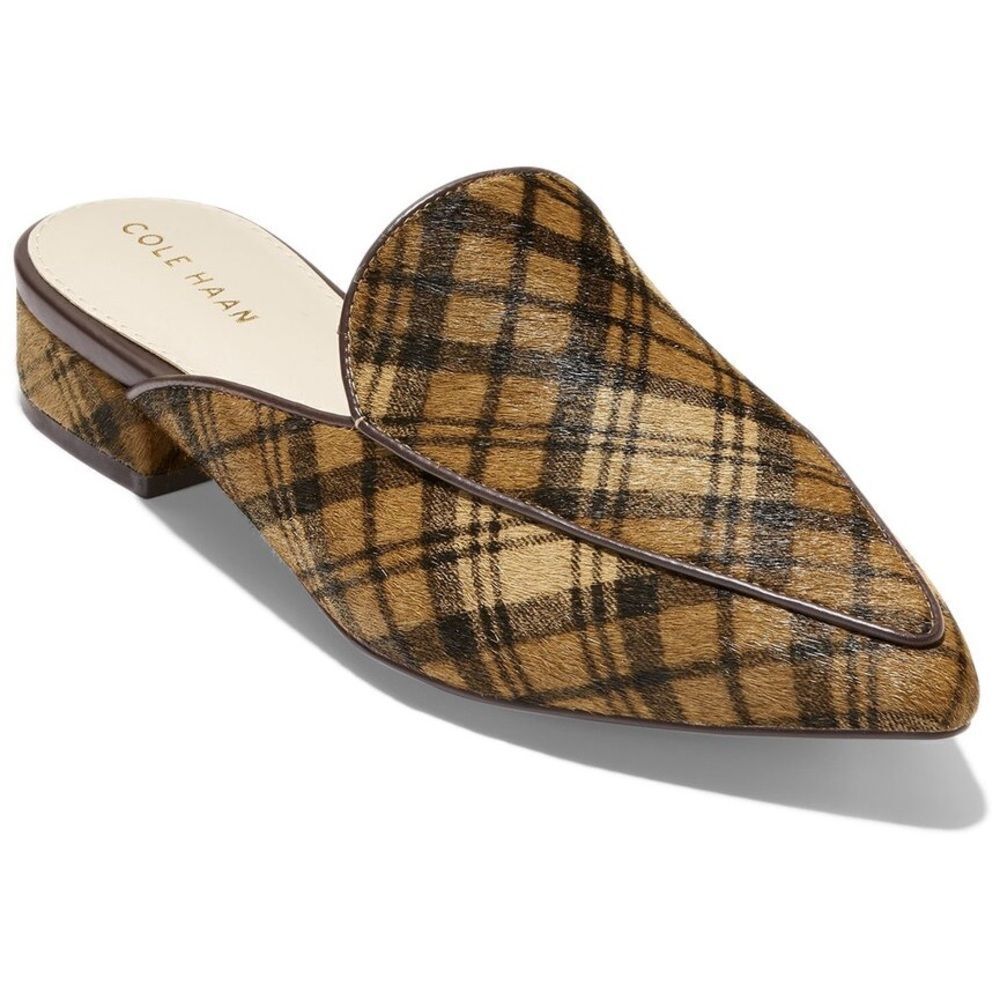 Cole Haan Tan and Black Mules with Plaid Design